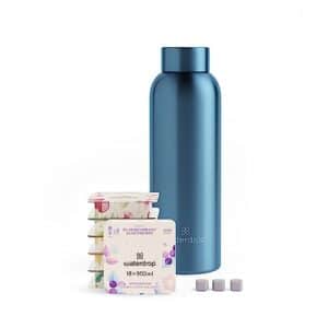 waterdrop® Starter Set Steel mit 1x Steel Bottle + 18 Microdrinks zum Auflösen in 6 fruchtigen Sorten – Probierpaket mit 600ml Edelstahlflasche Kohlensäure geeignet + Getränkepulver zuckerfrei