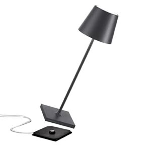 Zafferano Poldina Pro - Dimmbare LED-Tischlampe aus Aluminium, Schutzart IP65, Verwendung im Innen-/Außenbereich, Kontaktladestation, H38cm, EU-Stecker (Dunkelgrau)