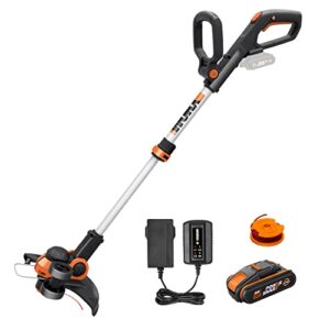 WORX WG163E.1 20V Akku-Rasentrimmer –​​ Inkl. Li-Ion Akku, Ladestation, Spule, Sicherheitsschutz und Rad zum Kantenschneiden, 30 cm Schnittdurchmesser